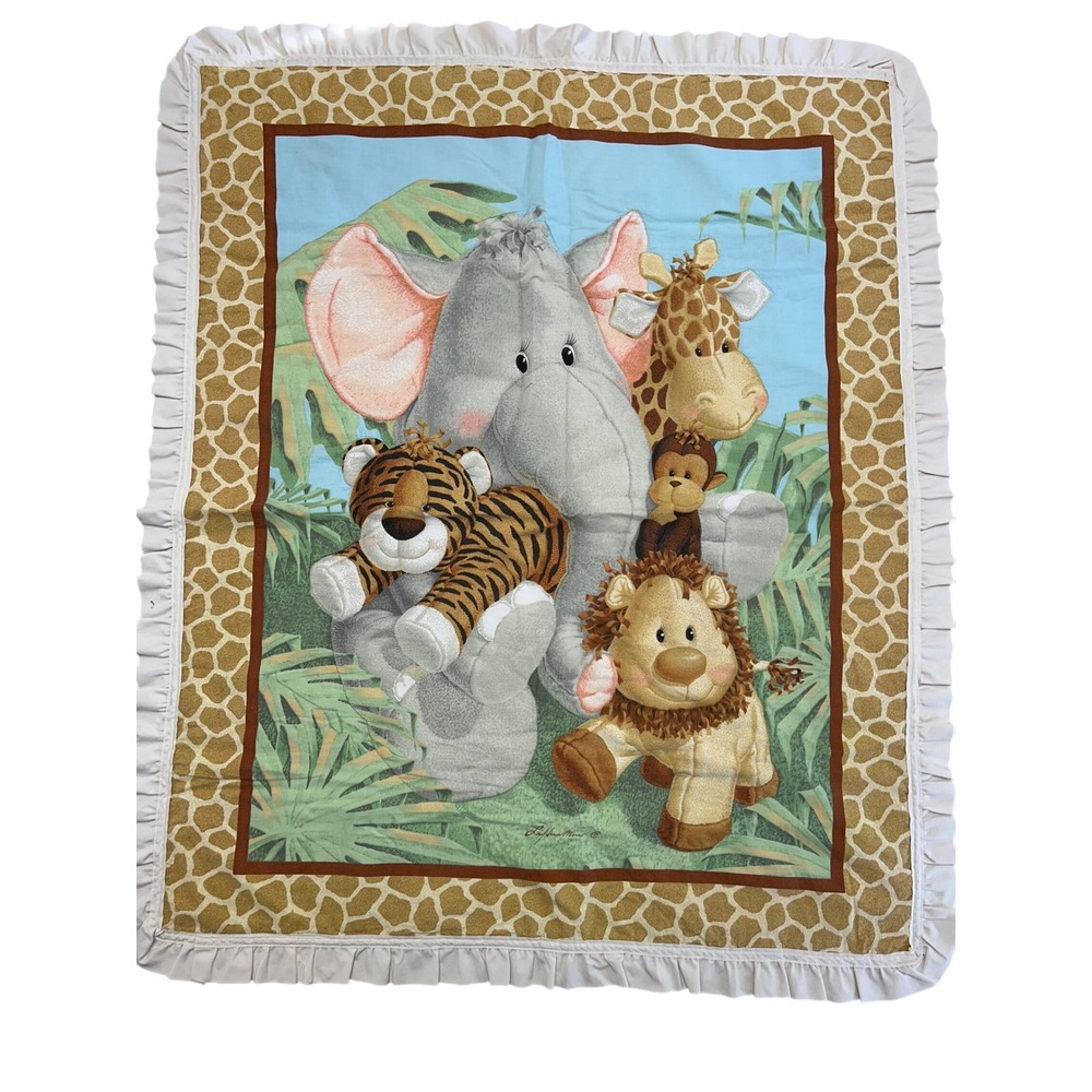 Safari Jungle Luvable Friends Baby OS Blue Tan Animal Print Ruffle Quilt Blanket